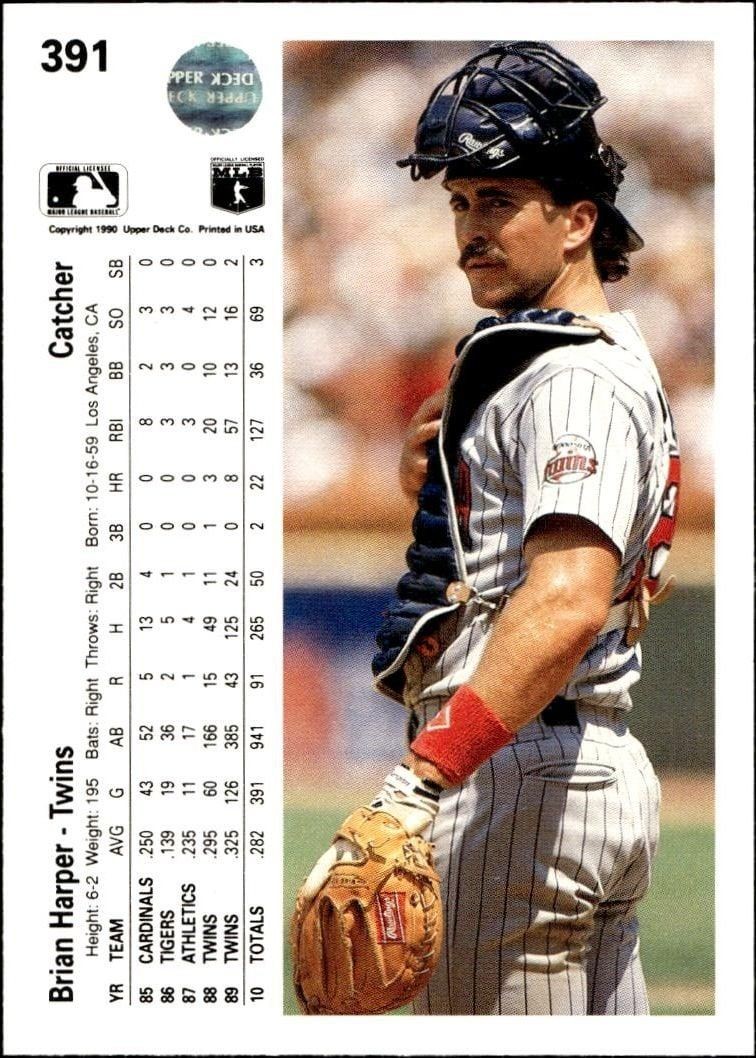 1990 Upper Deck Brian Harper #391 baseball trading card back