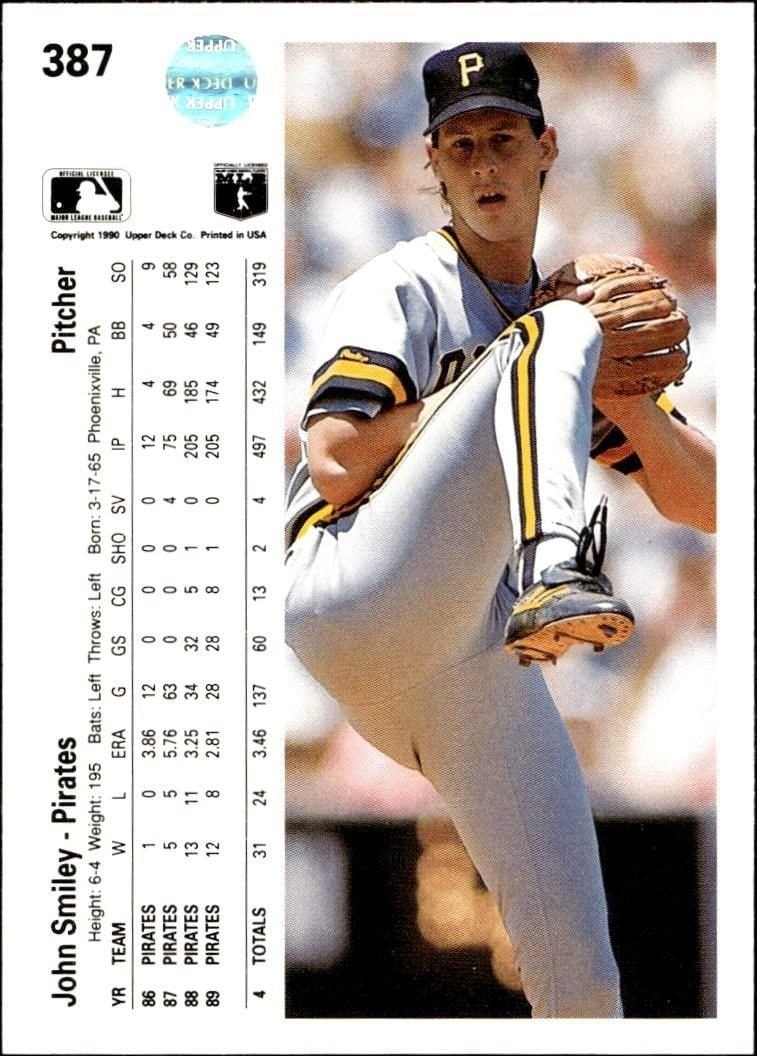 1990 Upper Deck John Smiley #387 baseball trading card back
