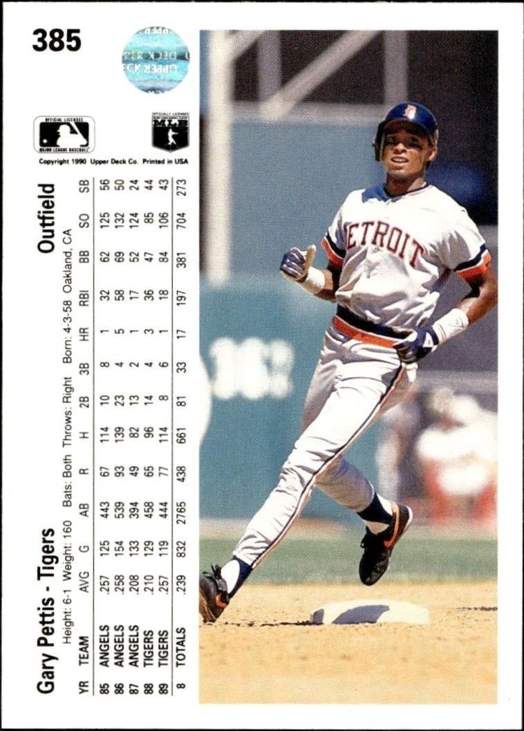1990 Upper Deck Gary Pettis #385 baseball trading card back