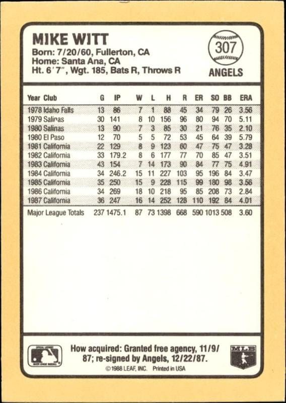 1988 Donruss Baseball's Best Mike Witt #307 baseball trading card back