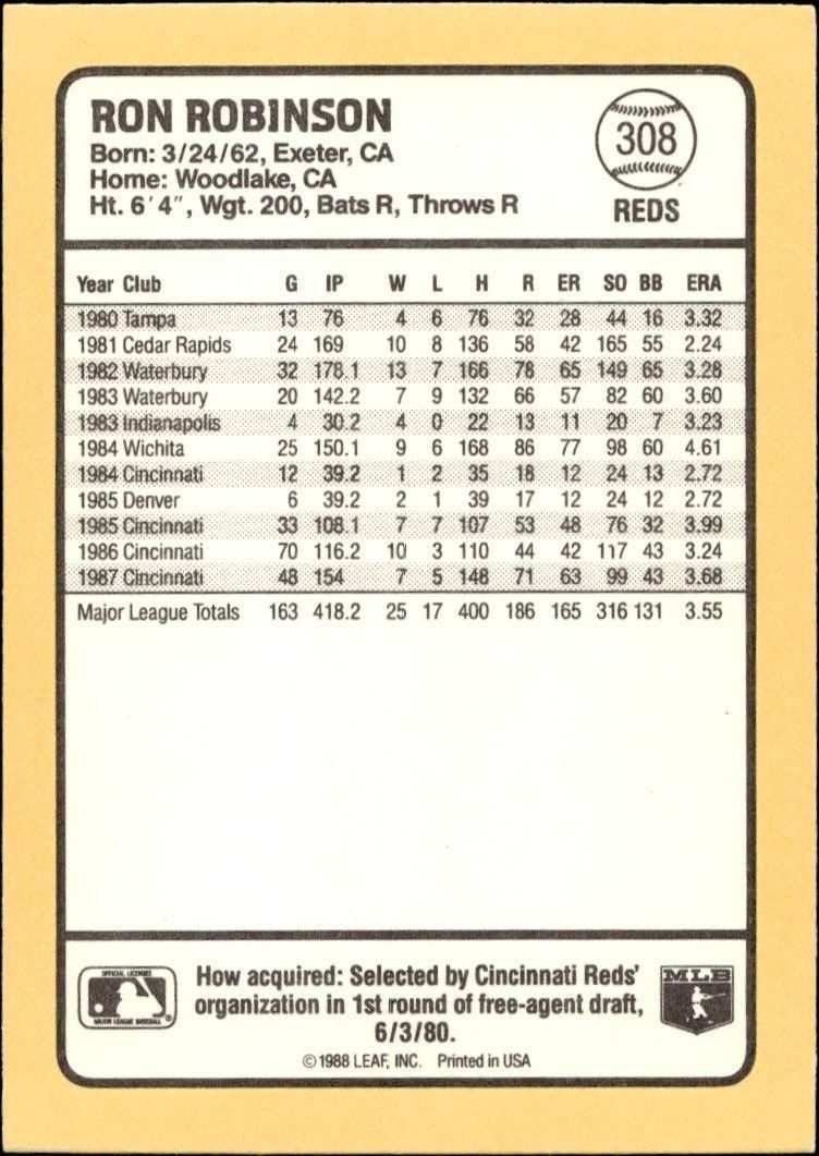 1988 Donruss Baseball's Best Ron Robinson #308 baseball trading card back