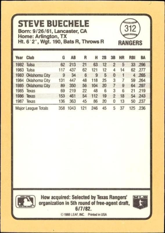 1988 Donruss Baseball's Best Steve Buechele #312 baseball trading card back