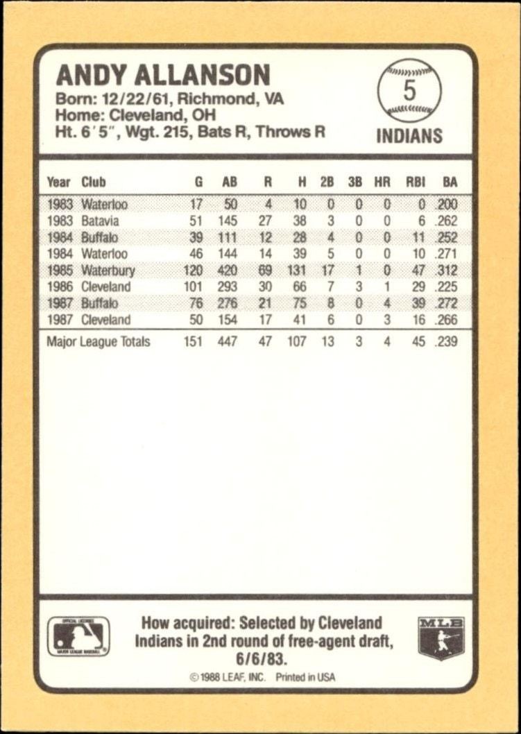 1988 Donruss Baseball's Best Andy Allanson #5 baseball trading card back