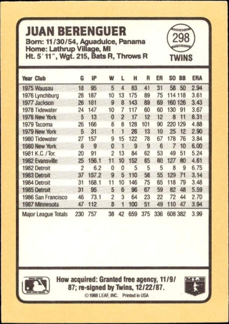 1988 Donruss Baseball's Best Juan Berenguer #298 baseball trading card back