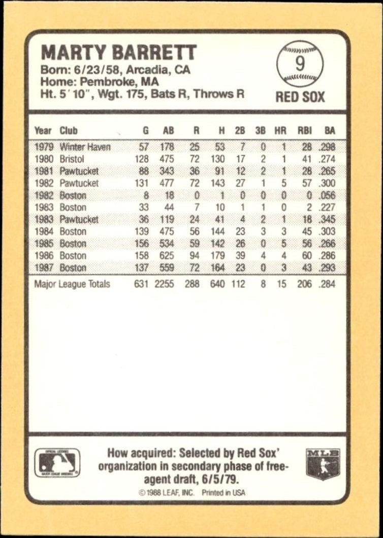 1988 Donruss Baseball's Best Marty Barrett #9 baseball trading card back