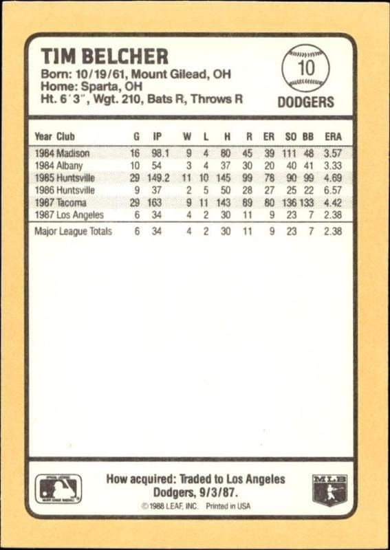 1988 Donruss Baseball's Best Tim Belcher #10 baseball trading card back