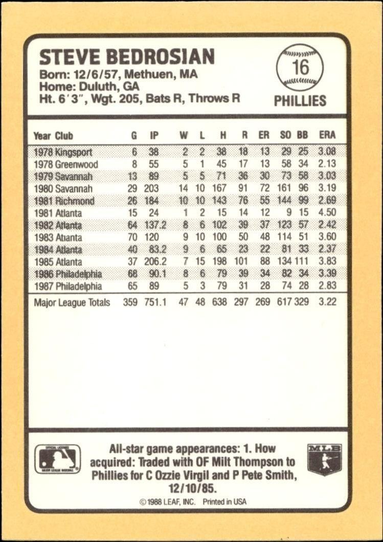 1988 Donruss Baseball's Best Steve Bedrosian #16 baseball trading card back