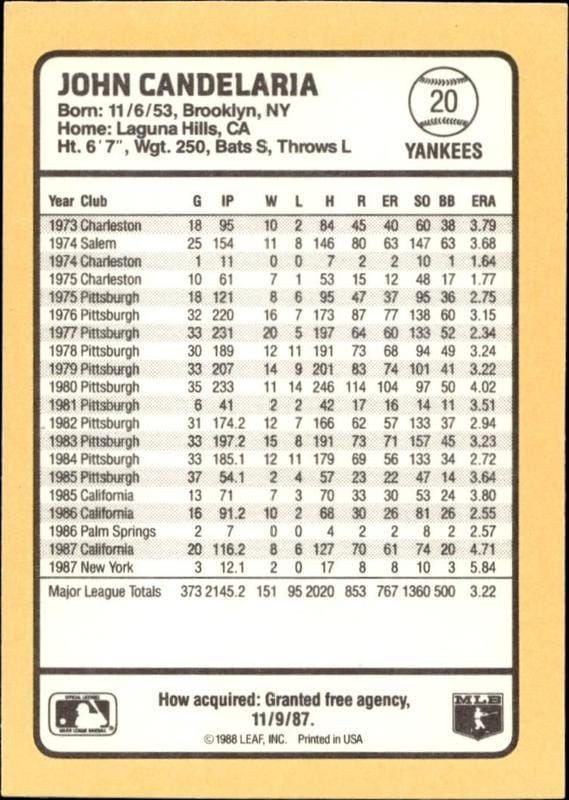 1988 Donruss Baseball's Best John Candelaria #20 baseball trading card back