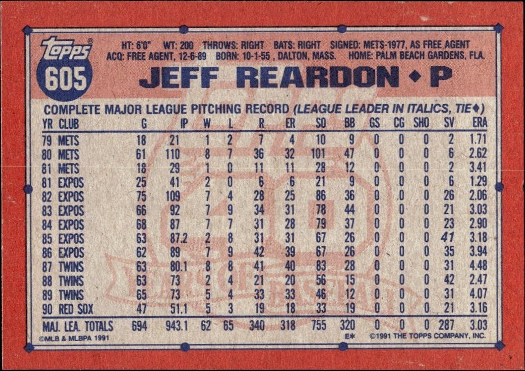 1991 Topps Jeff Reardon #605 baseball trading card back