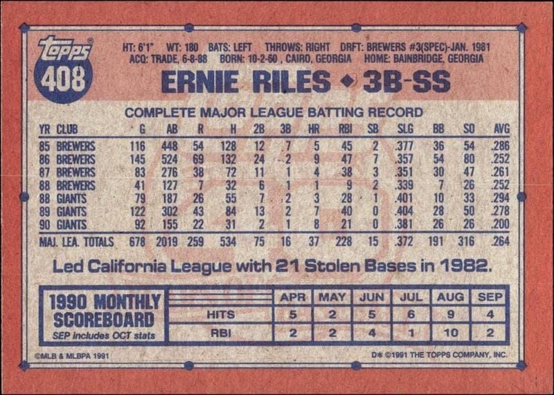 1991 Topps Ernie Riles #408 baseball trading card back