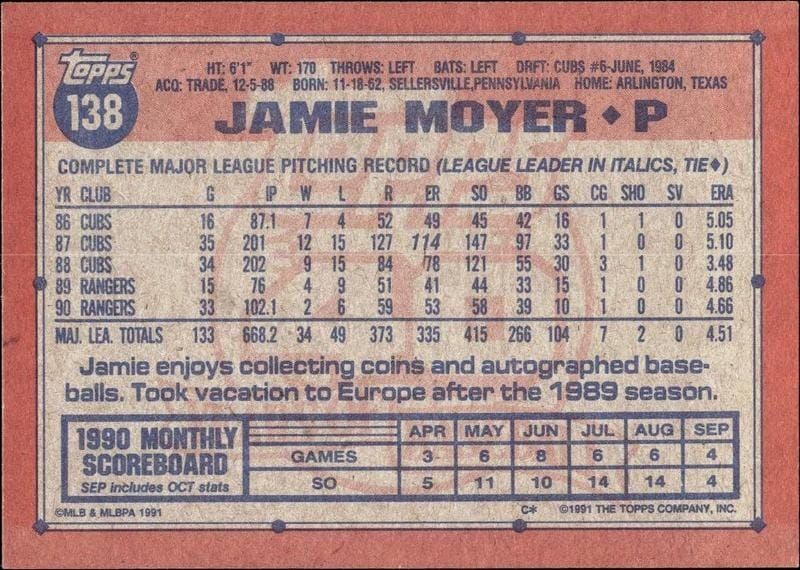 1991 Topps Jamie Moyer #138 baseball trading card back