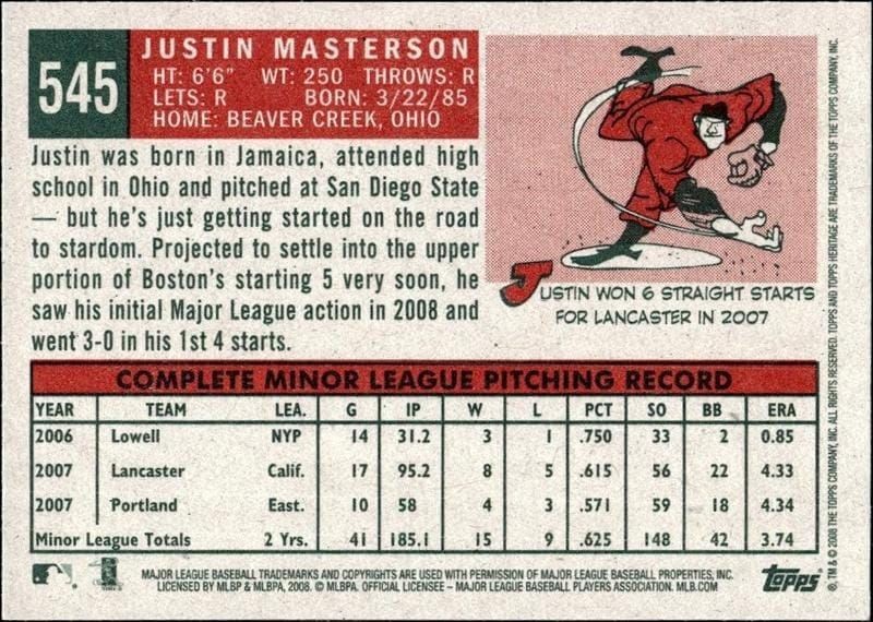 2008 Topps Heritage Justin Masterson #545 baseball trading card back