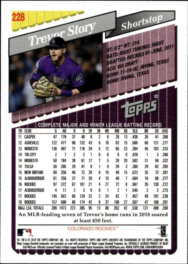 2019 Topps Archives Trevor Story #228 baseball trading card back