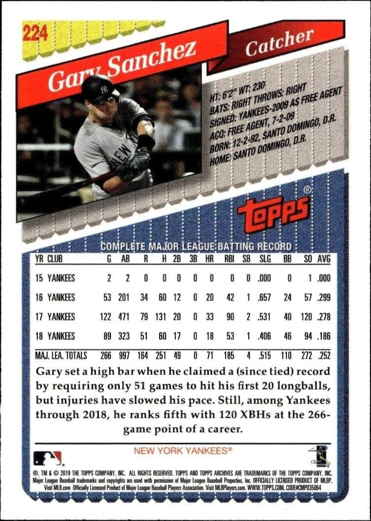 2019 Topps Archives Gary Sanchez #224 baseball trading card back