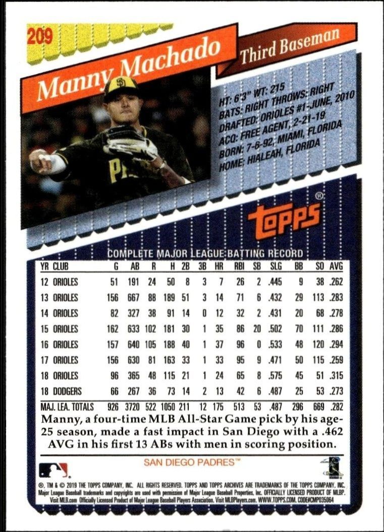 2019 Topps Archives Manny Machado #209 baseball trading card back
