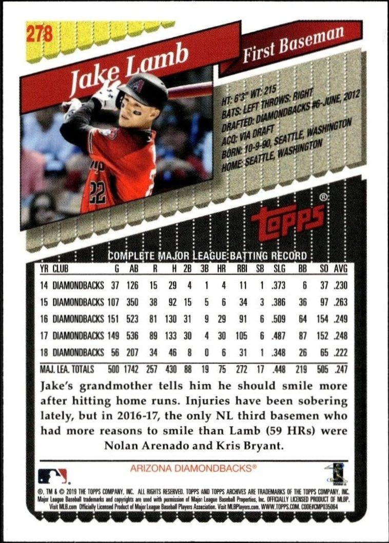 2019 Topps Archives Jake Lamb #278 baseball trading card back