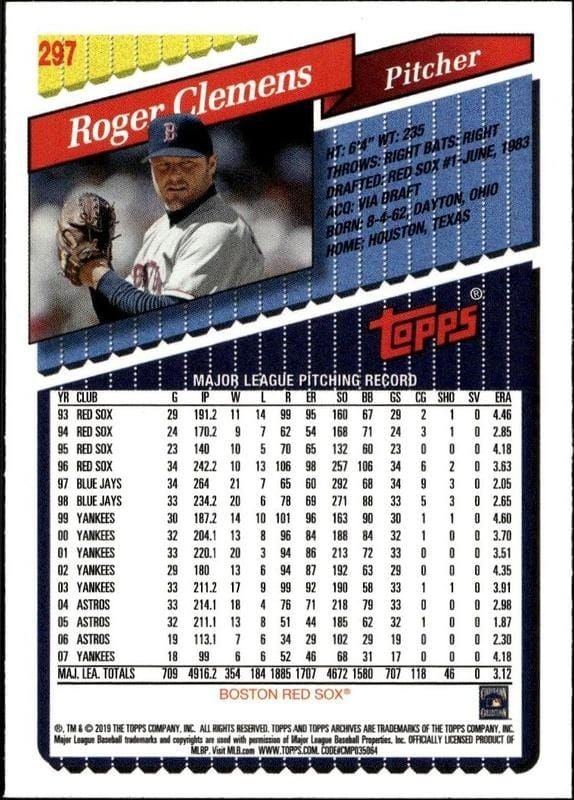2019 Topps Archives Roger Clemens #297 baseball trading card back