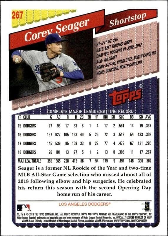 2019 Topps Archives Corey Seager #267 baseball trading card back