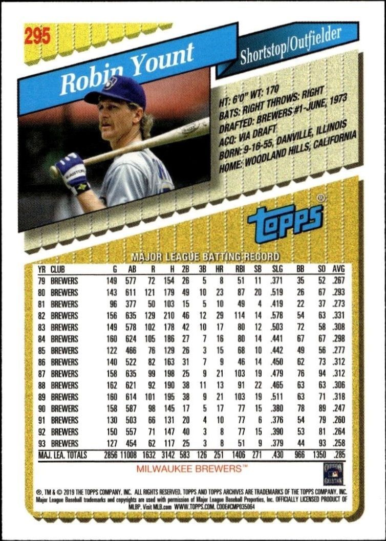 2019 Topps Archives Robin Yount #295 baseball trading card back