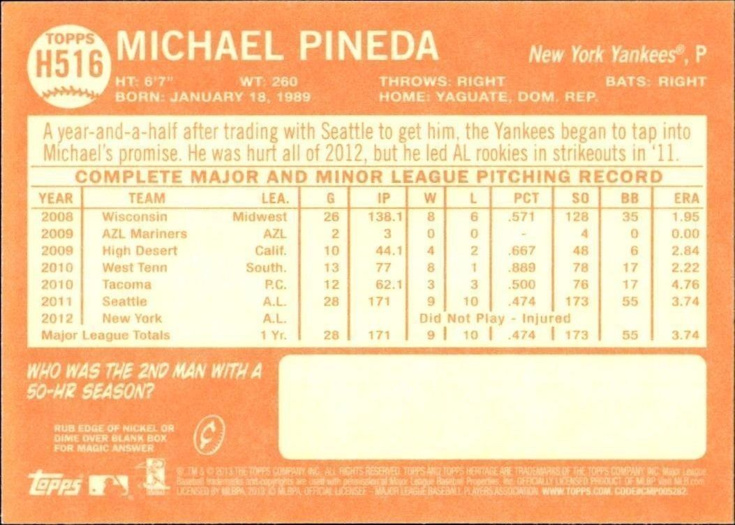 2013 Topps Heritage High Number Michael Pineda #H516 baseball trading card back