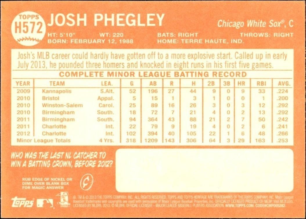 2013 Topps Heritage High Number Josh Phegley #H572 baseball trading card back