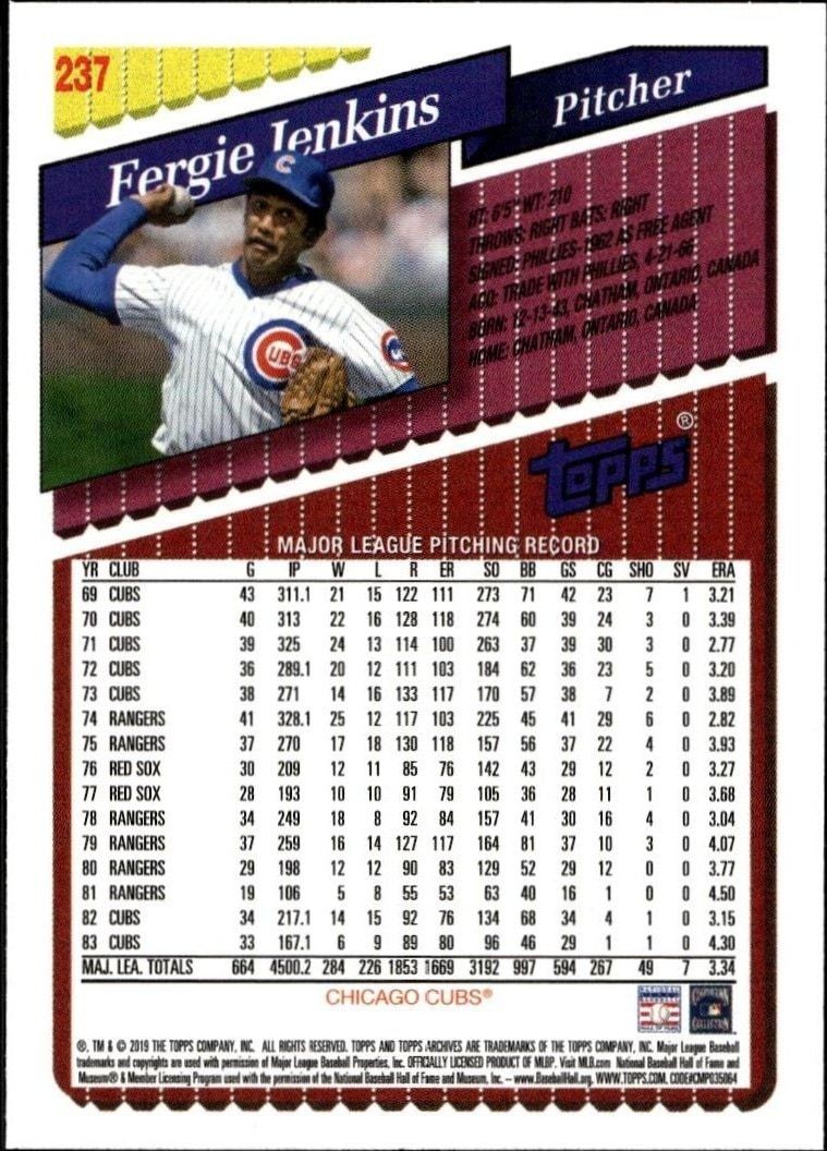 2019 Topps Archives Fergie Jenkins #237 baseball trading card back