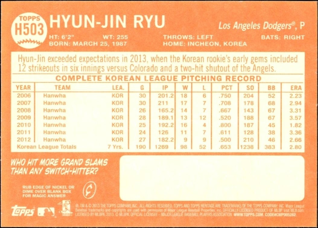 2013 Topps Heritage High Number Hyun-Jin Ryu #H503 baseball trading card back