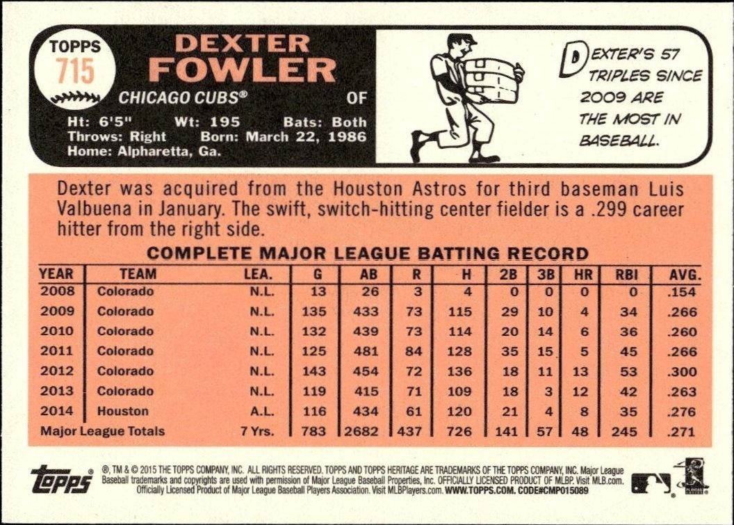 2015 Topps Heritage Dexter Fowler #715 baseball trading card back