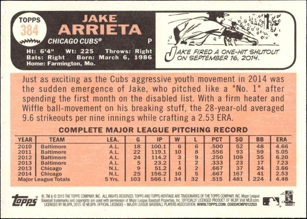 2015 Topps Heritage Jake Arrieta #384 baseball trading card back