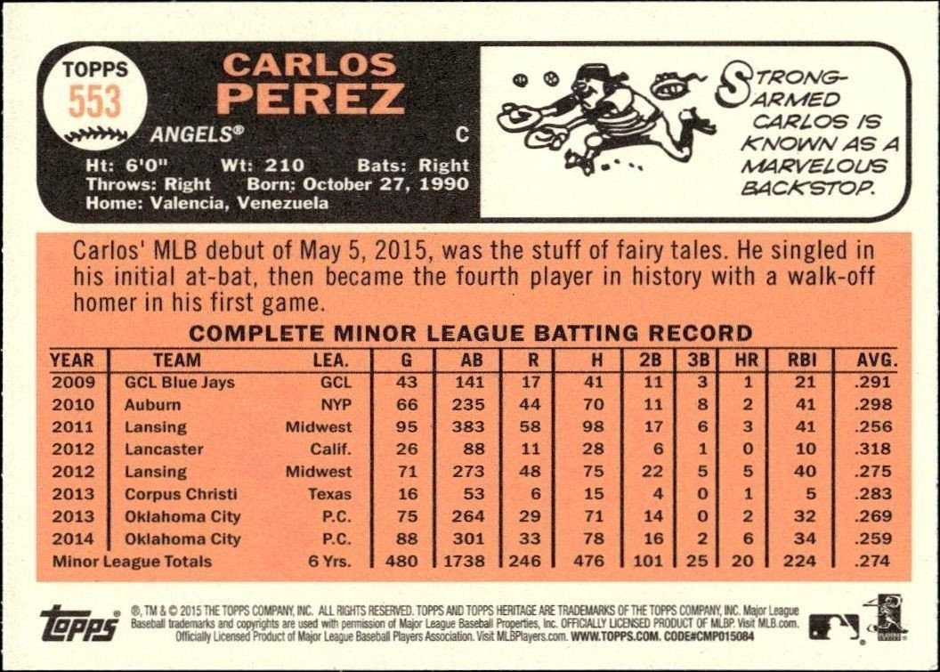 2015 Topps Heritage Carlos Perez #553 baseball trading card back