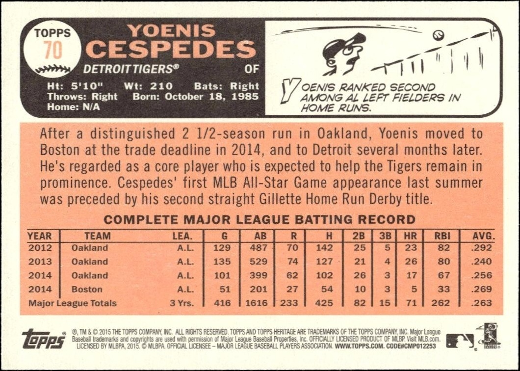 2015 Topps Heritage Yoenis Cespedes #70 baseball trading card back