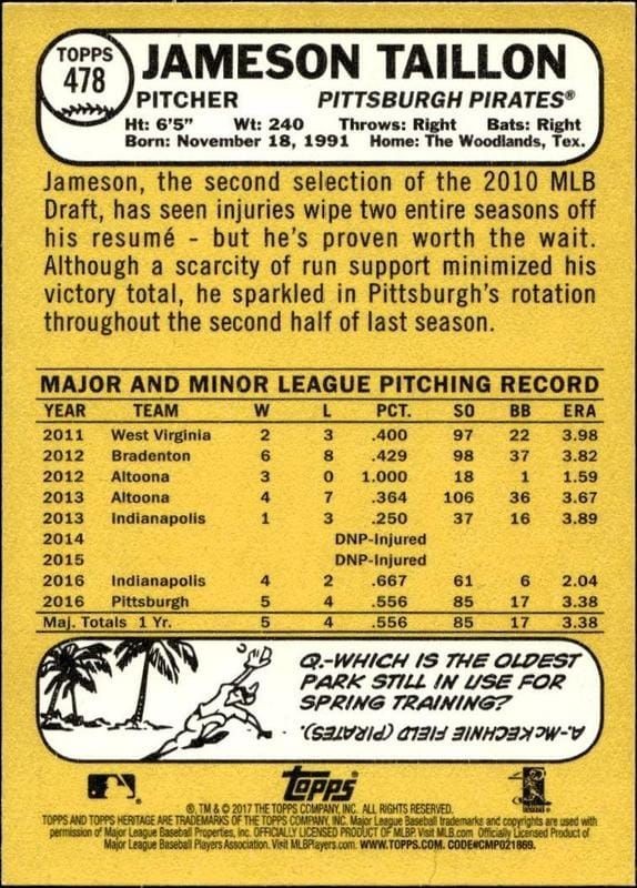 2017 Topps Heritage Jameson Taillon #478 baseball trading card back
