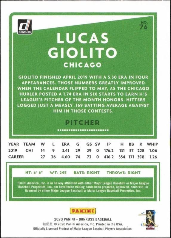 2020 Donruss Lucas Giolito #76 baseball trading card back