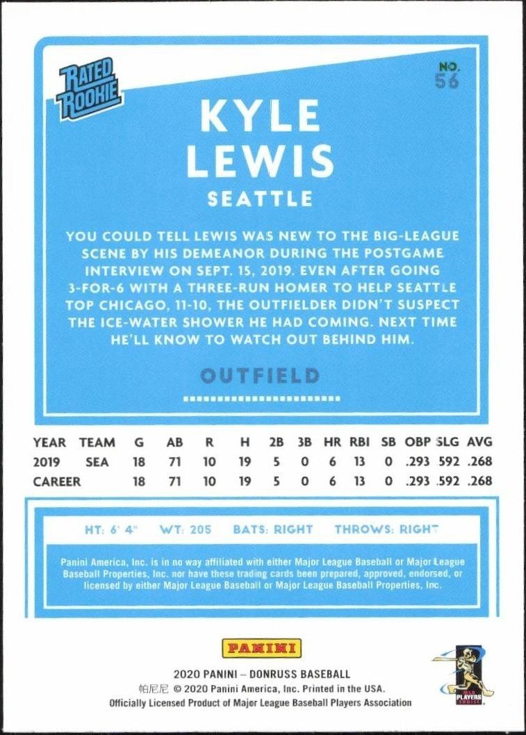 2020 Donruss Kyle Lewis #56 baseball trading card back