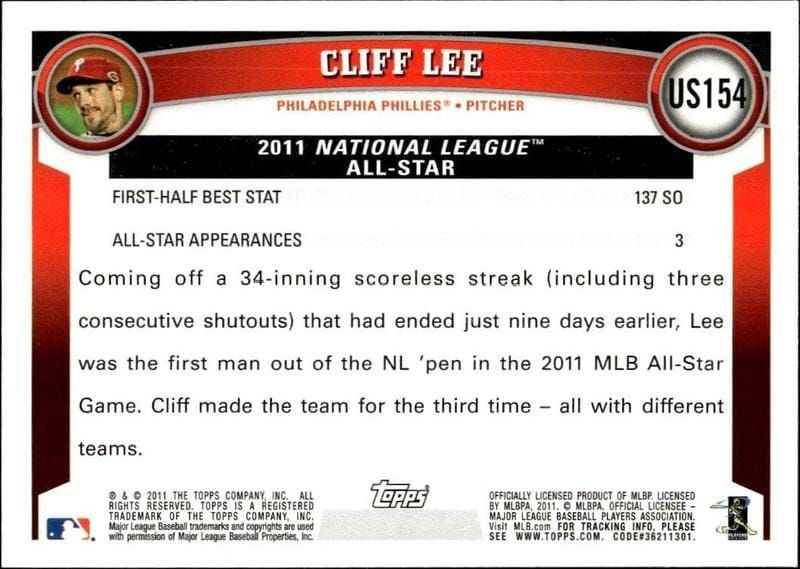 2011 Topps Update Cliff Lee #US154 baseball trading card back