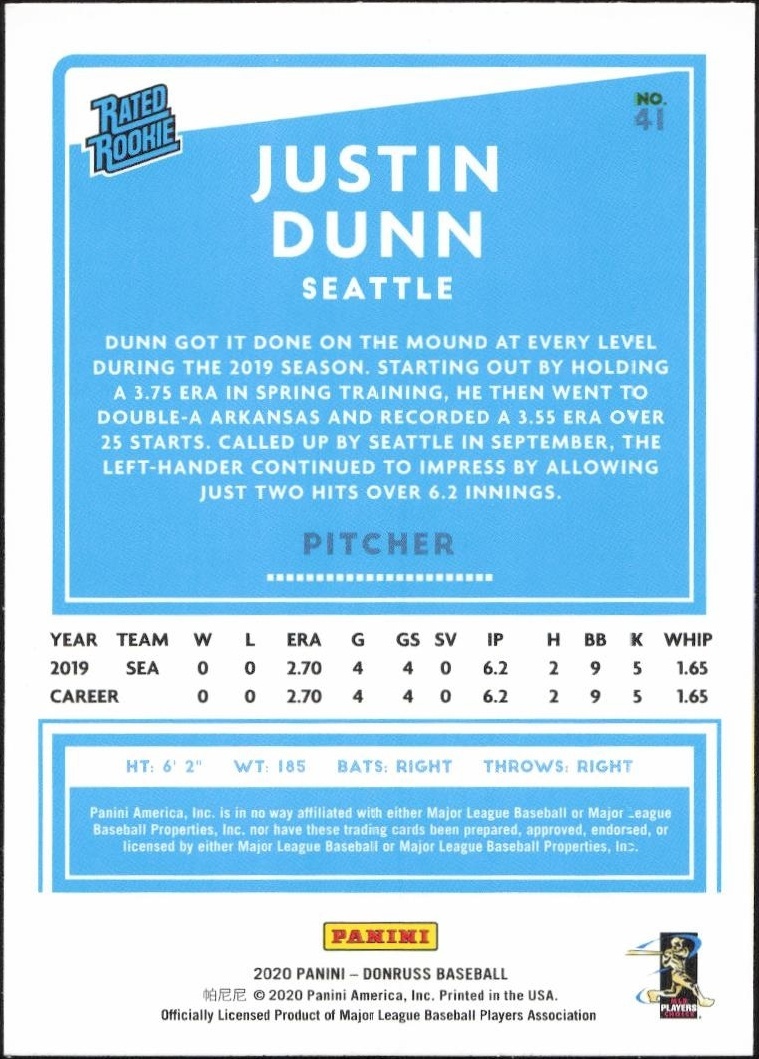 2020 Donruss Justin Dunn #41 baseball trading card back
