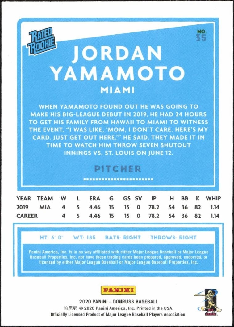 2020 Donruss Jordan Yamamoto #35 baseball trading card back