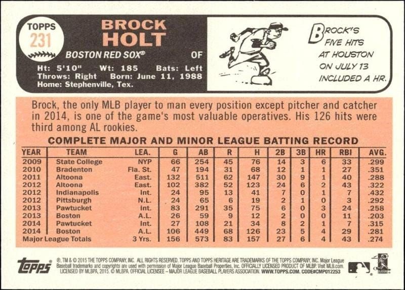 2015 Topps Heritage Brock Holt #231 baseball trading card back