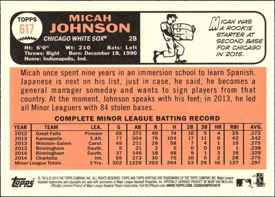 2015 Topps Heritage Micah Johnson #617 baseball trading card back
