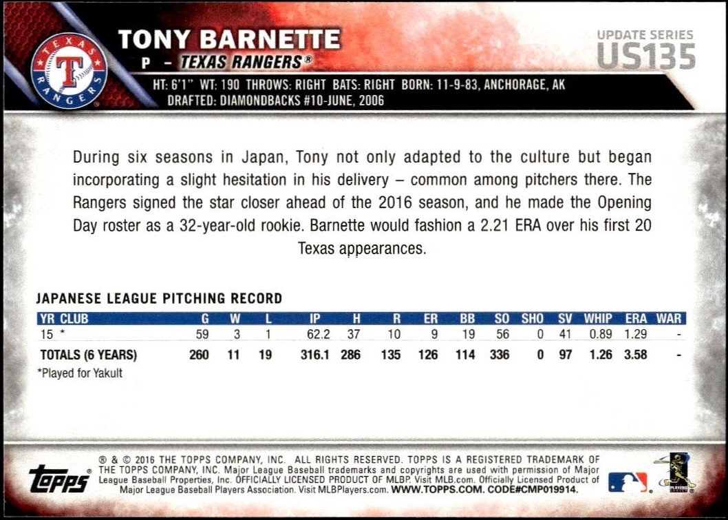 2016 Topps Update Tony Barnette #US135 baseball trading card back