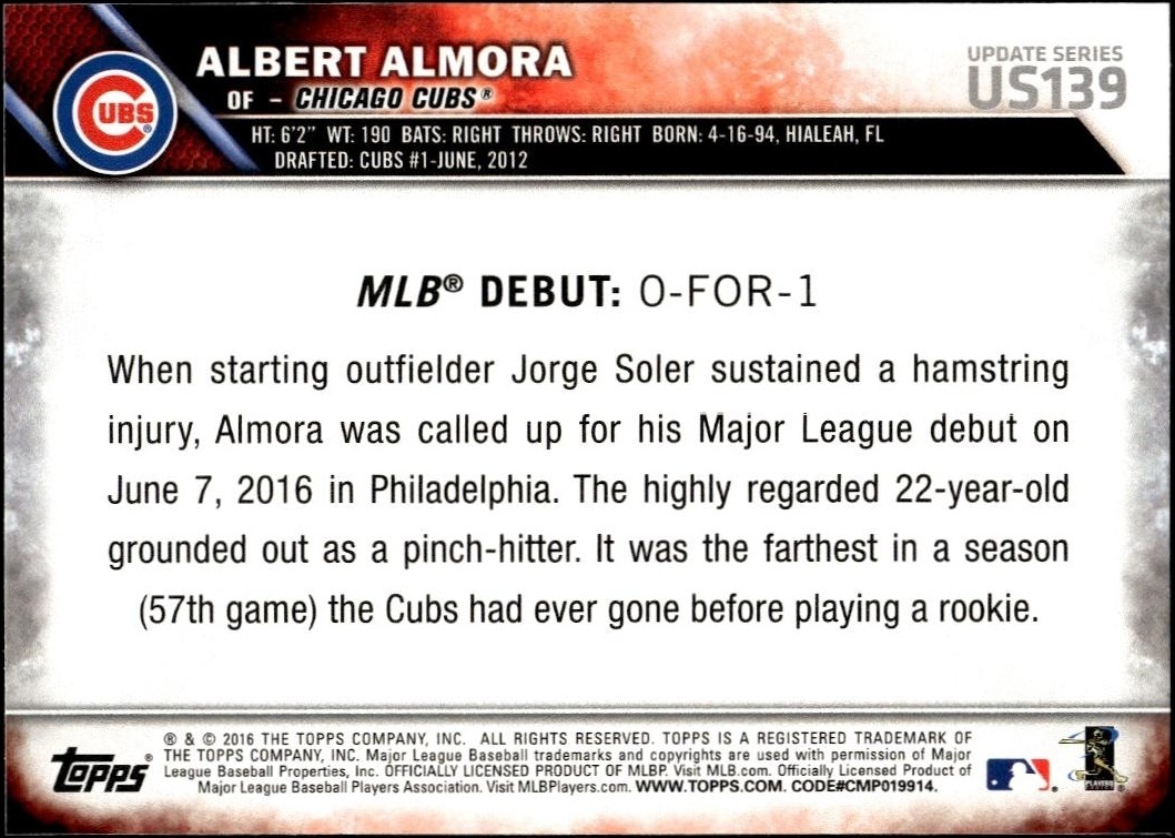 2016 Topps Update Albert Almora #US139 baseball trading card back