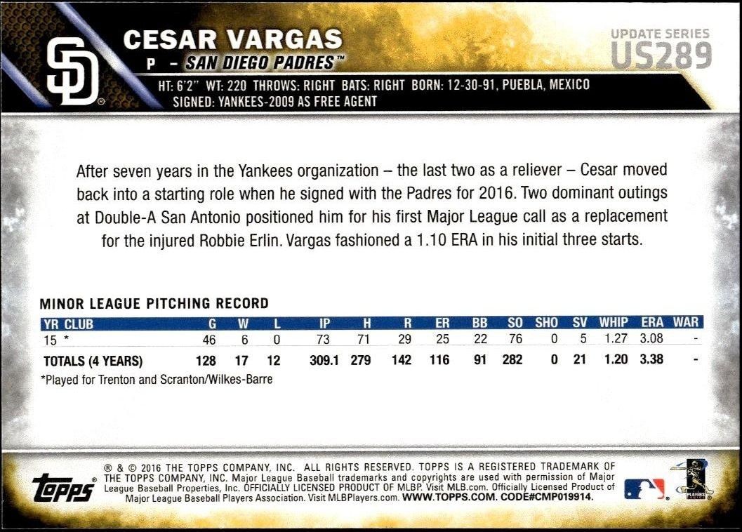 2016 Topps Update Cesar Vargas #US289 baseball trading card back