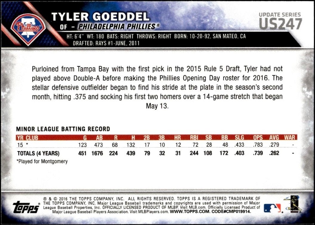 2016 Topps Update Tyler Goeddel #US247 baseball trading card back