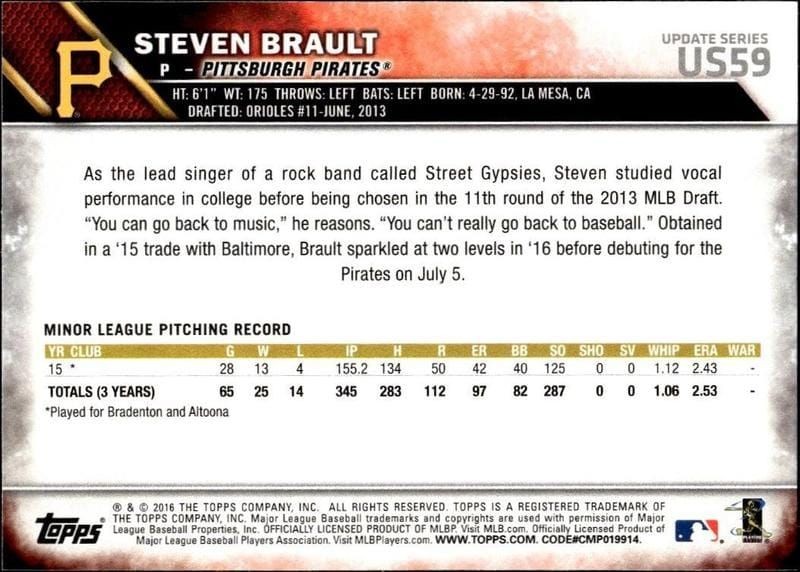 2016 Topps Update Steven Brault #US59 baseball trading card back