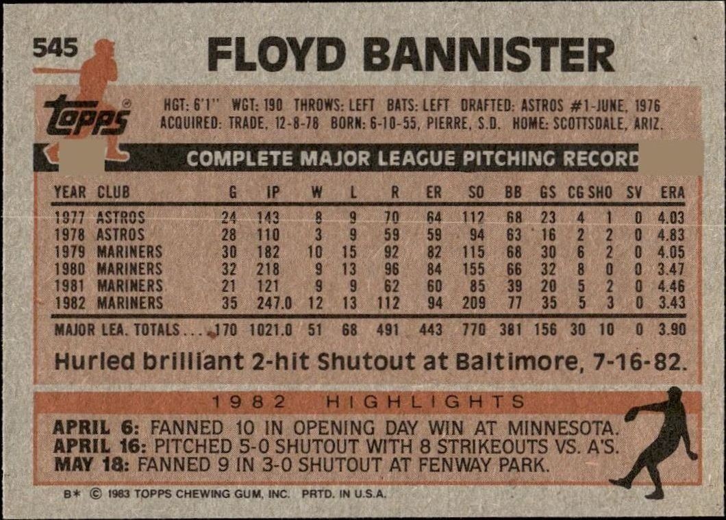 1983 Topps Floyd Bannister #545 baseball trading card back