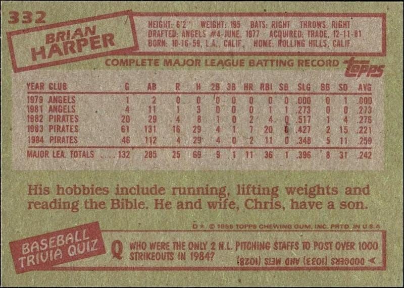 1985 Topps Brian Harper #332 baseball trading card back
