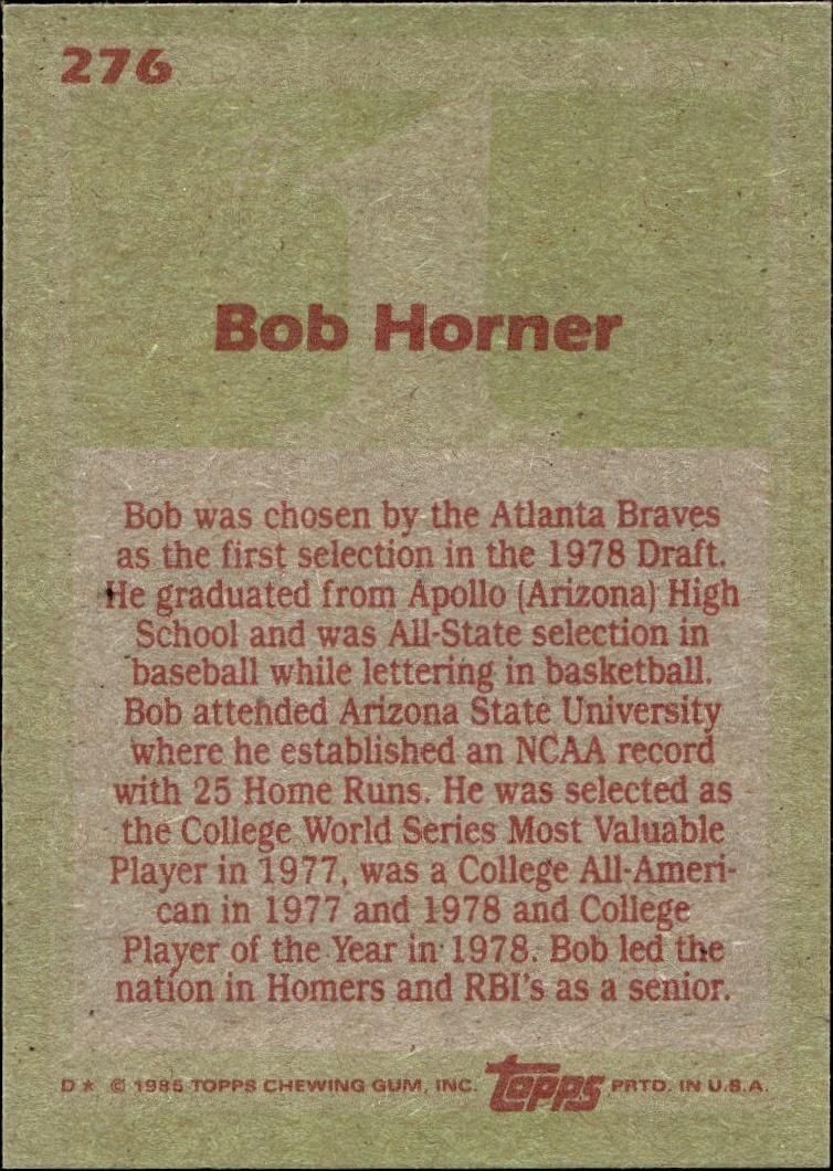1985 Topps Bob Horner #276 baseball trading card back