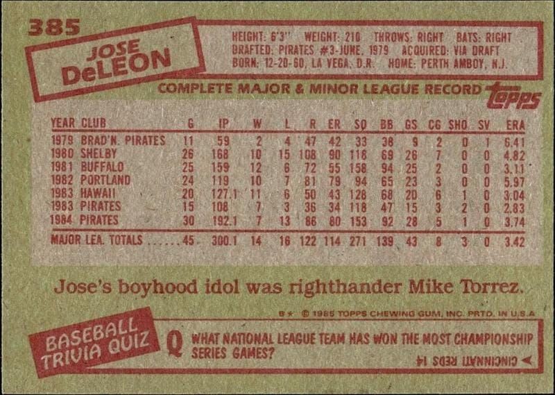 1985 Topps Jose DeLeon #385 baseball trading card back