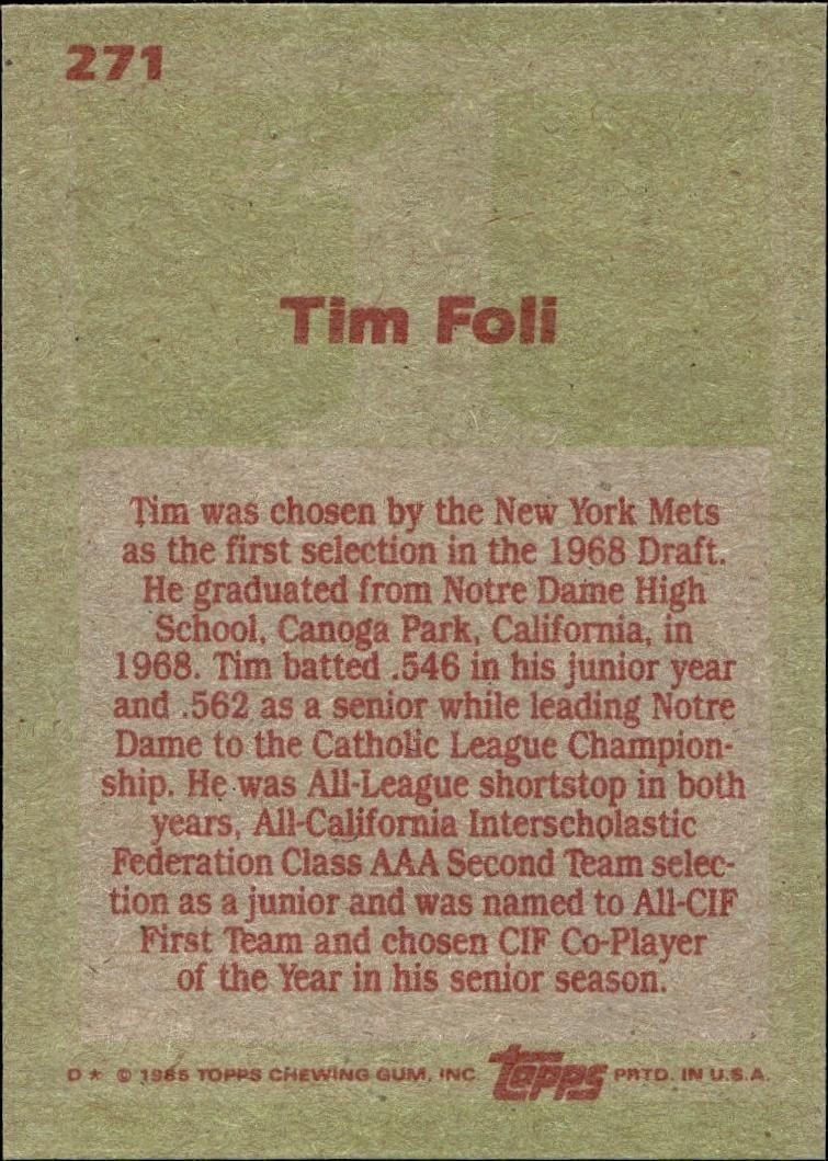 1985 Topps Tim Foli #271 baseball trading card back