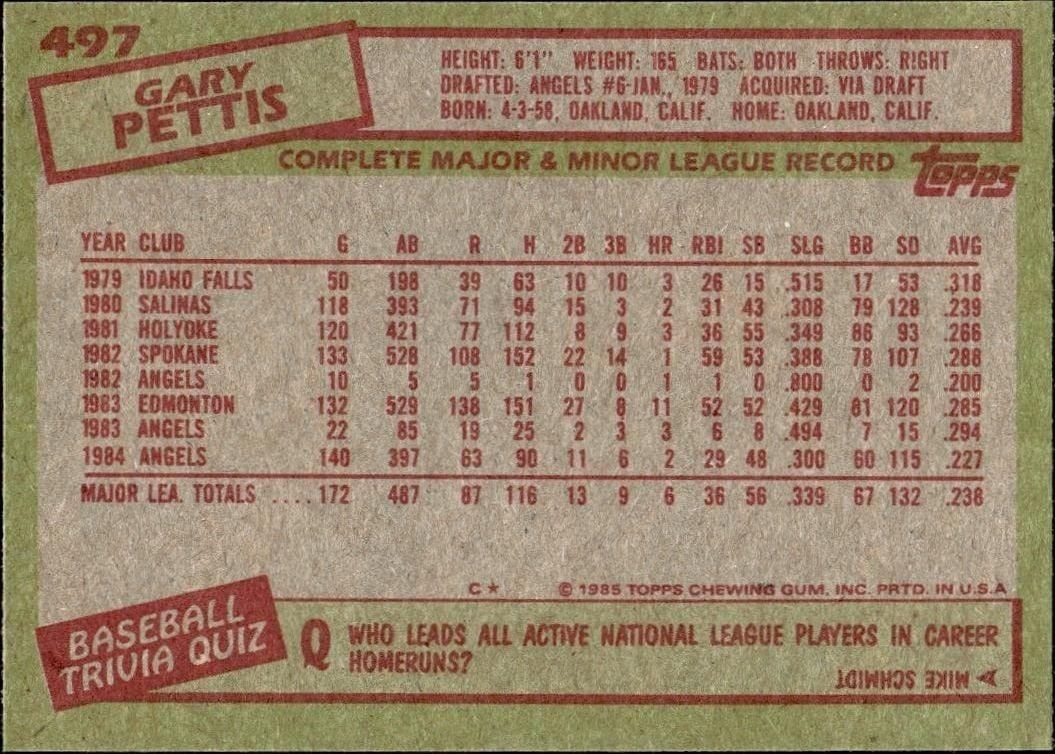 1985 Topps Gary Pettis #497 baseball trading card back